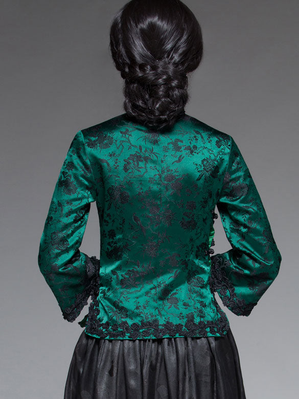 Green Floral Silk Qipao / Cheongsam Top Blouse