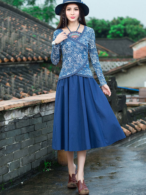 Halter Blue White Floral Top Blouse