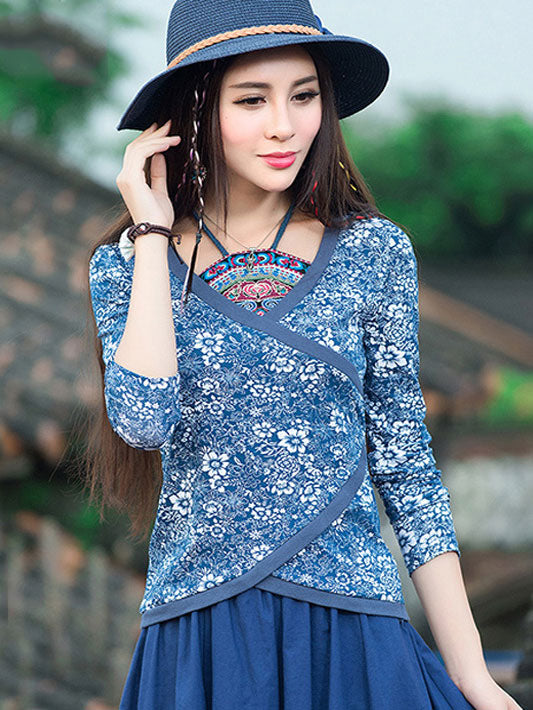 Halter Blue White Floral Top Blouse