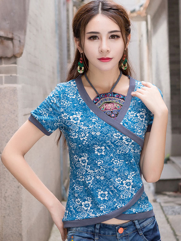 Halter Blue White Floral Top Blouse