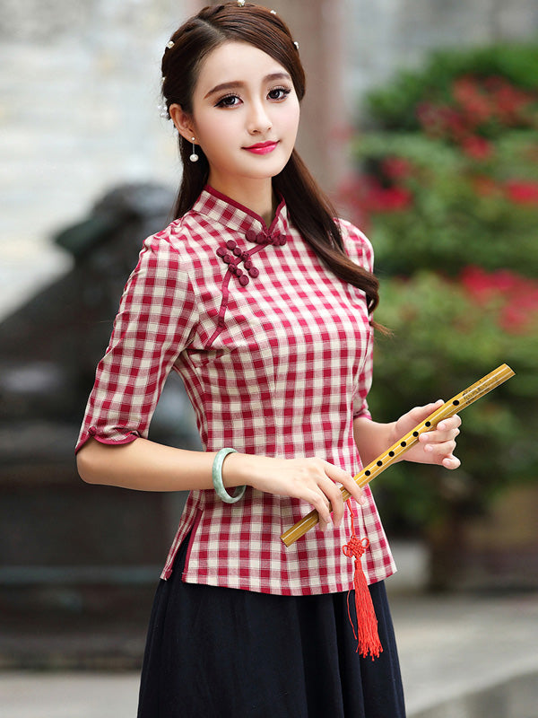 Plaid Linen Qipao / Cheongsam T-shirt