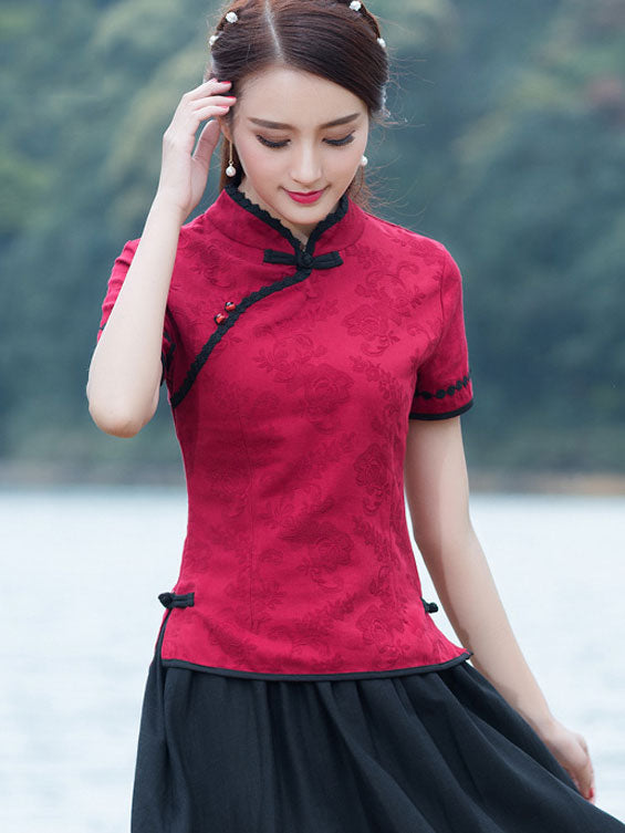 Red Jacquard Linen Qipao / Cheongsam Top Shirt