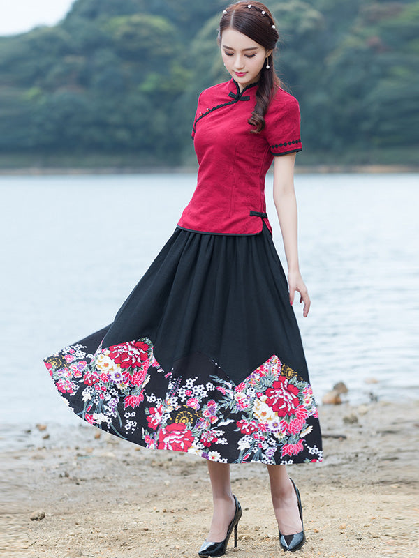 Red Jacquard Linen Qipao / Cheongsam Top Shirt