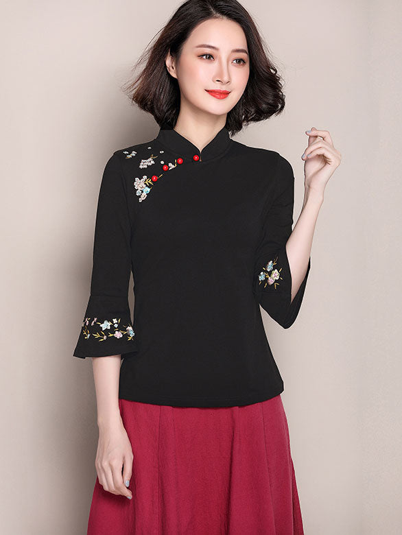 Embroidered Bell Sleeve Stretchy Cheongsam Blouse