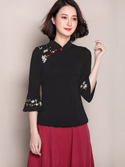Embroidered Bell Sleeve Stretchy Cheongsam Blouse