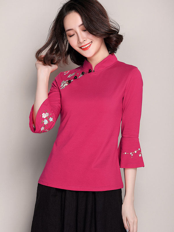 Embroidered Bell Sleeve Stretchy Cheongsam Blouse