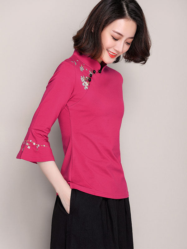Embroidered Bell Sleeve Stretchy Cheongsam Blouse