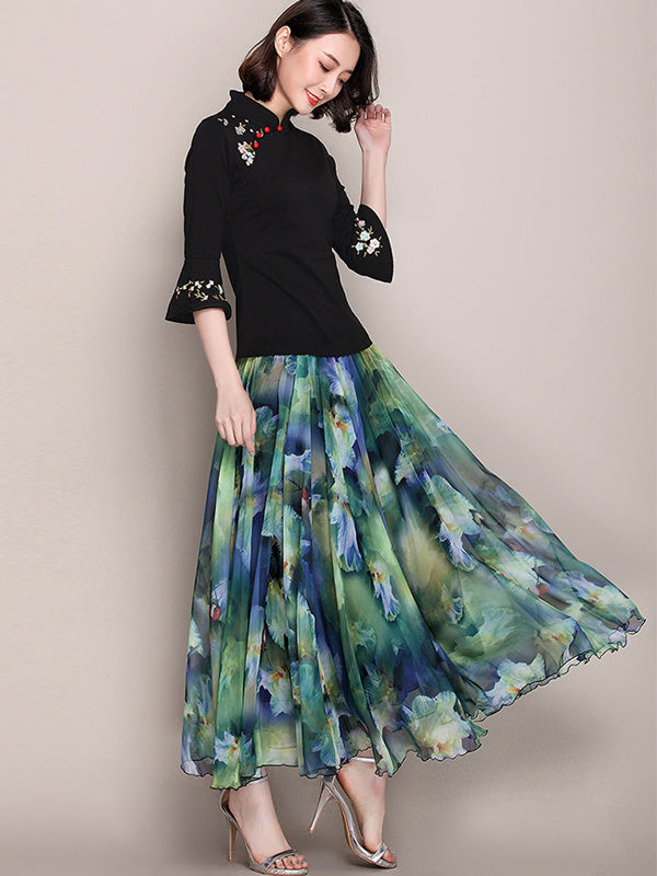 Embroidered Bell Sleeve Stretchy Cheongsam Blouse