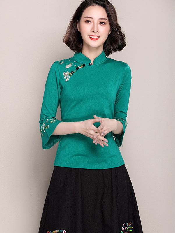 Embroidered Bell Sleeve Stretchy Cheongsam Blouse