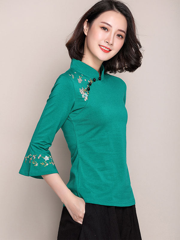 Embroidered Bell Sleeve Stretchy Cheongsam Blouse