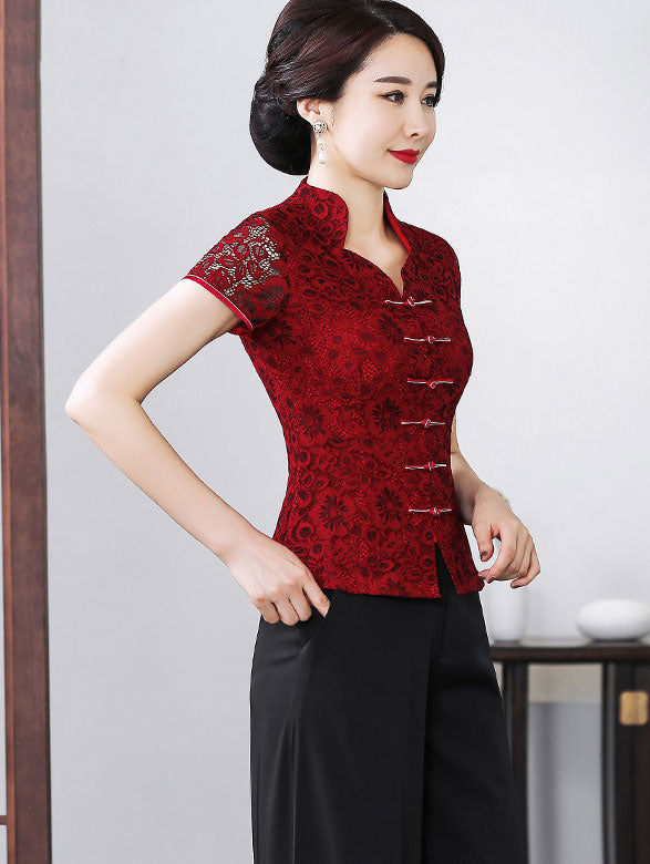 Lace V-neck Qipao / Cheongsam Top Blouse