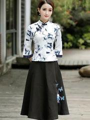 Floral Ruffle Sleeve Cheongsam Top Blouse