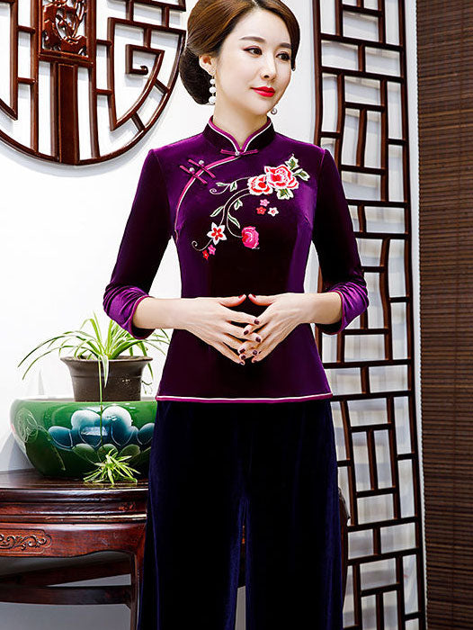 Red Purple Embroidered Velvet Cheongsam Blouse Top