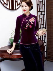 Red Purple Embroidered Velvet Cheongsam Blouse Top