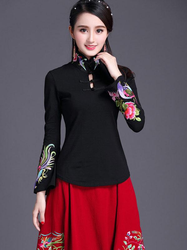 Black White Embroidered Velvet Cheongsam Blouse Top