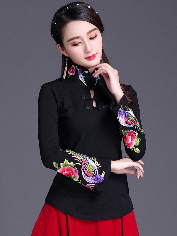 Black White Embroidered Velvet Cheongsam Blouse Top