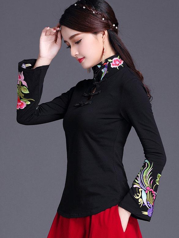 Black White Embroidered Velvet Cheongsam Blouse Top