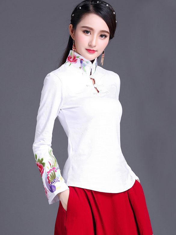 Black White Embroidered Velvet Cheongsam Blouse Top