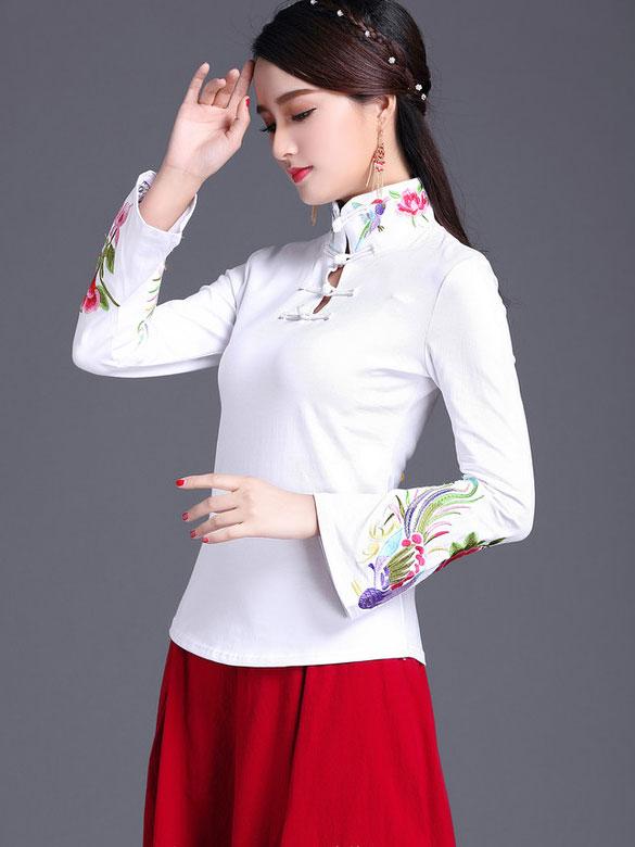 Black White Embroidered Velvet Cheongsam Blouse Top