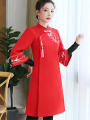 Pink Red Embroidered Women Cheongsam Tang Coat