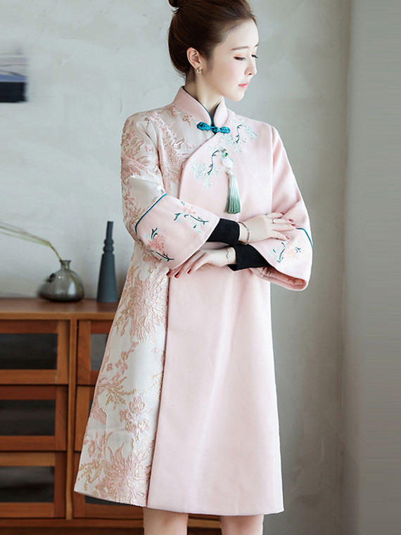 Pink Embroidered Women Cheongsam Tang Coat