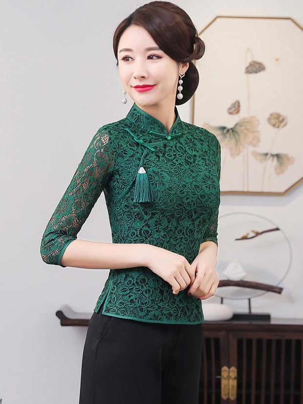 Red Green Lace Qipao / Cheongsam Blouse Top