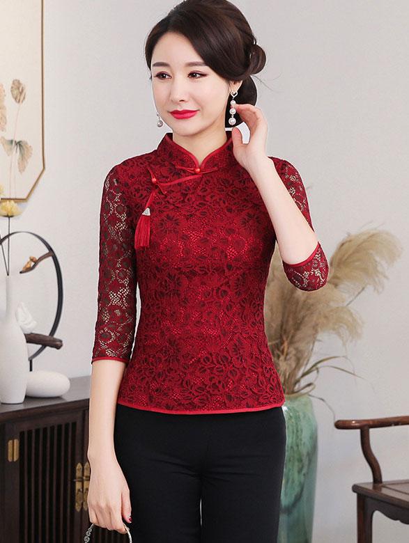 Red Green Lace Qipao / Cheongsam Blouse Top