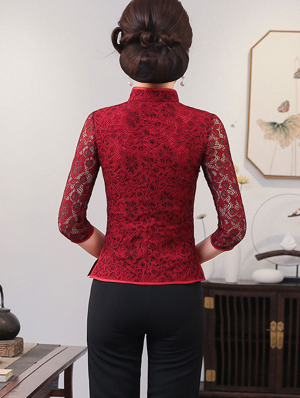 Red Green Lace Qipao / Cheongsam Blouse Top