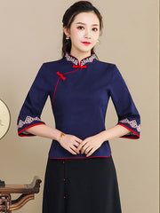 Red Blue Embroidered Linen Cheongsam Blouse Top