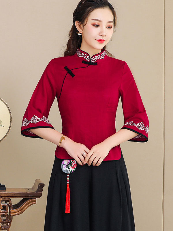 Red Blue Embroidered Linen Cheongsam Blouse Top