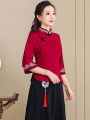 Red Blue Embroidered Linen Cheongsam Blouse Top
