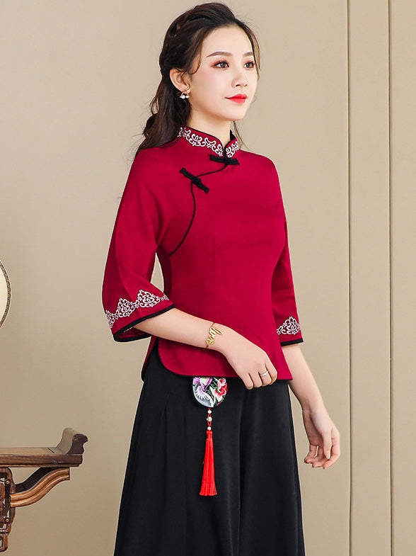 Red Blue Embroidered Linen Cheongsam Blouse Top