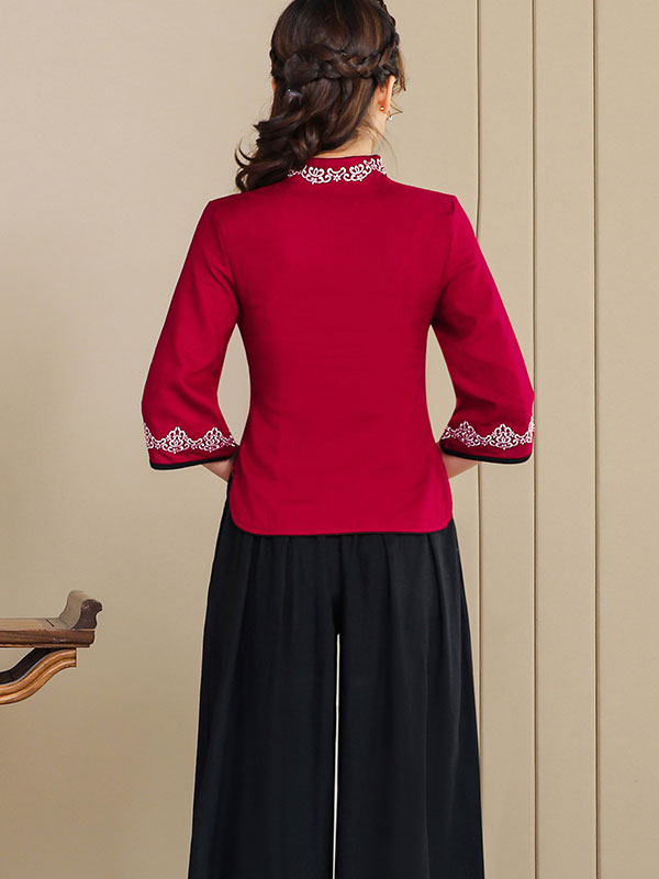 Red Blue Embroidered Linen Cheongsam Blouse Top