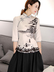 Cheongsam Blouse Top in Printed Chinese Painting
