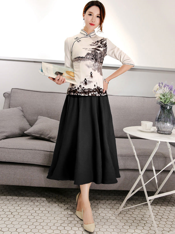 Cheongsam Blouse Top in Printed Chinese Painting 