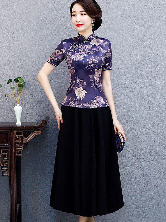 Black Purple Floral Qipao / Cheongsam Blouse Top 