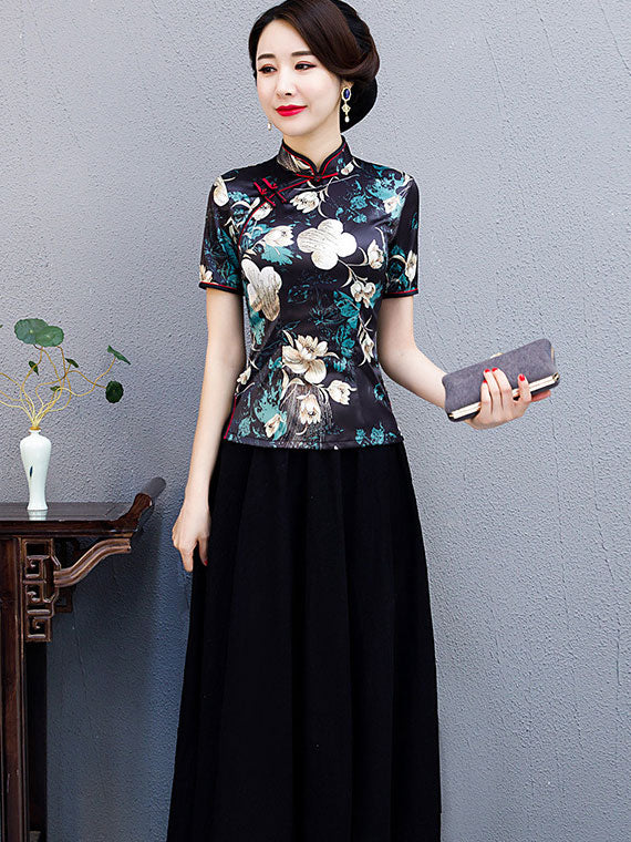 Black Floral Mothers Qi Pao Cheongsam Shirts Top