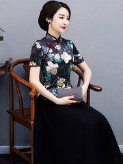 Black Floral Mothers Qi Pao Cheongsam Shirts Top