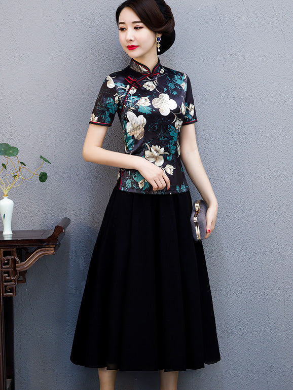 Black Floral Mothers Qi Pao Cheongsam Shirts Top
