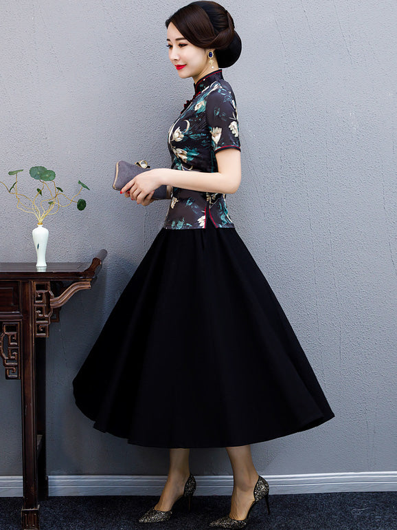 Black Floral Mothers Qi Pao Cheongsam Shirts Top