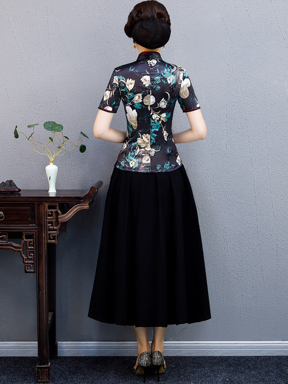 Black Floral Mothers Qi Pao Cheongsam Shirts Top