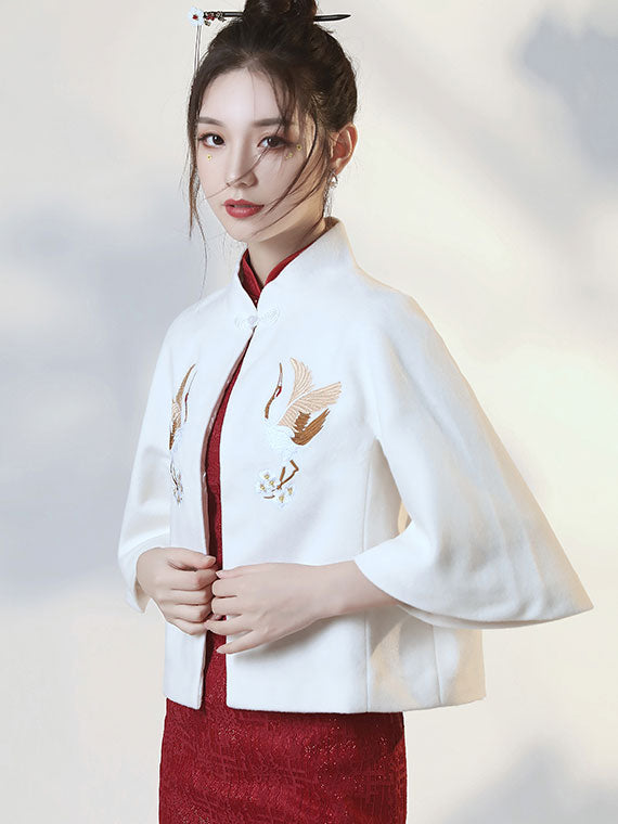 White Wool Blend Embroidered Coat Cape