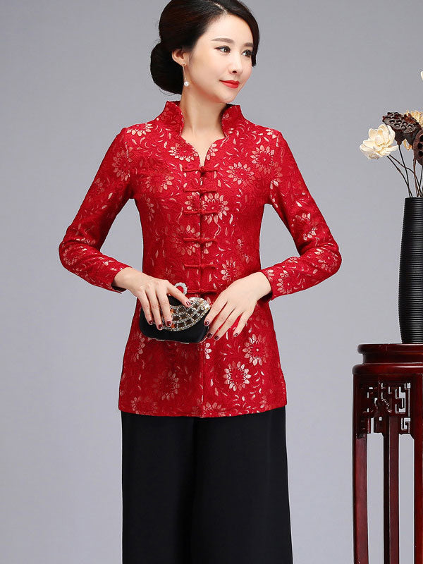 Mother's Red Purple Lace Cheongsam Women Jacket Blazer