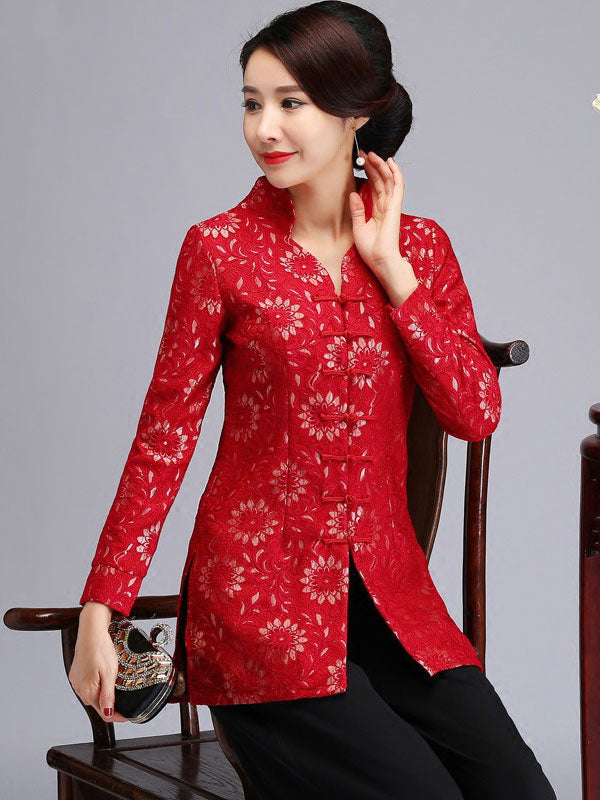 Mother's Red Purple Lace Cheongsam Women Jacket Blazer