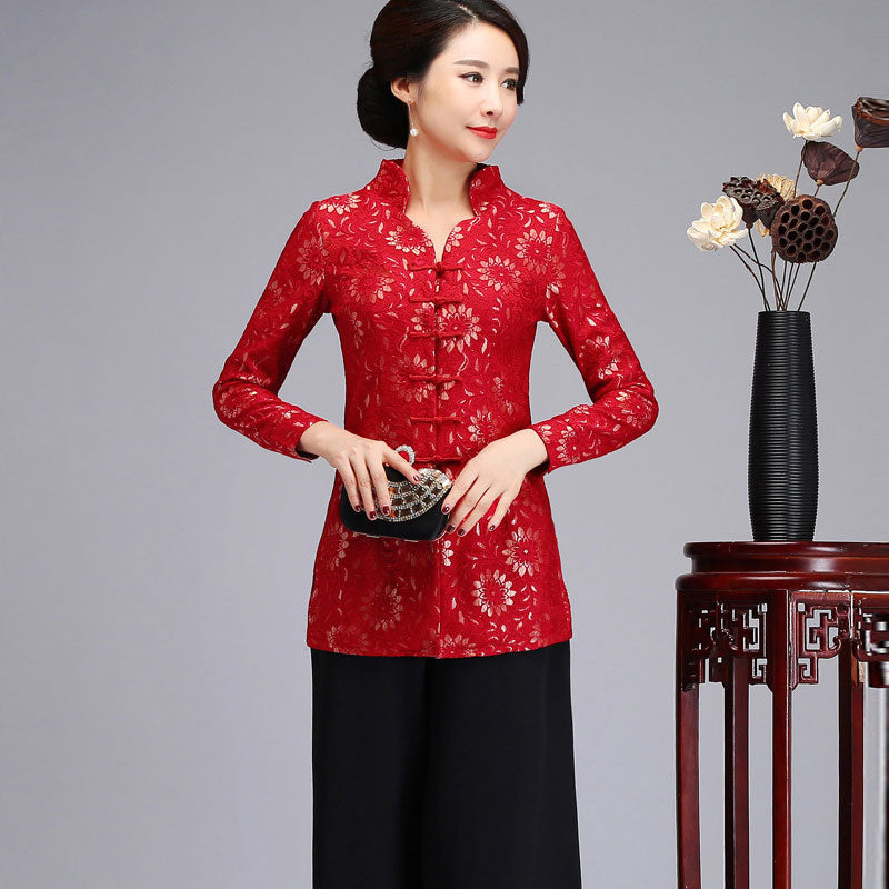 Mother's Red Purple Lace Cheongsam Women Jacket Blazer