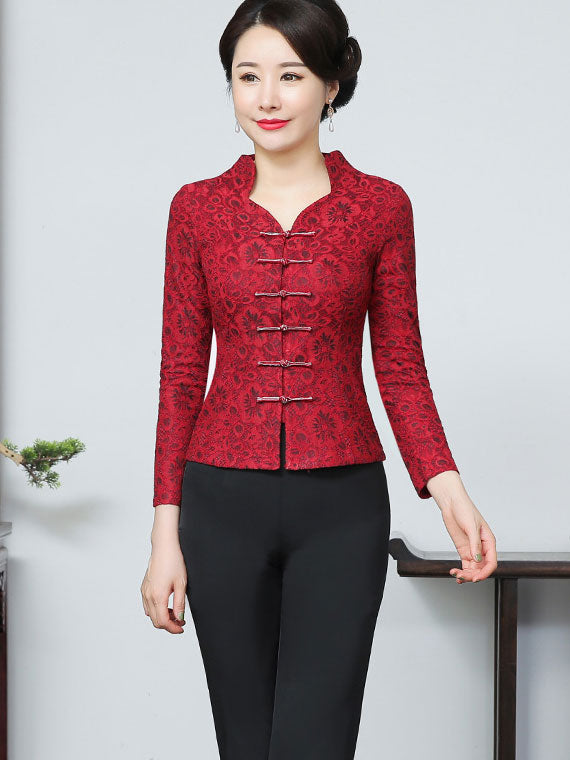 Mother's Red Lace Wedding Cheongsam Blouse Top