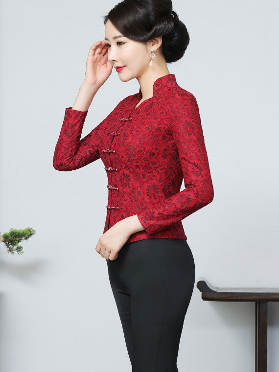 Mother's Red Lace Wedding Cheongsam Blouse Top