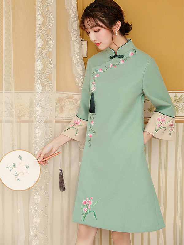 Green Pink Embroidered Women Cheongsam Tang Coat