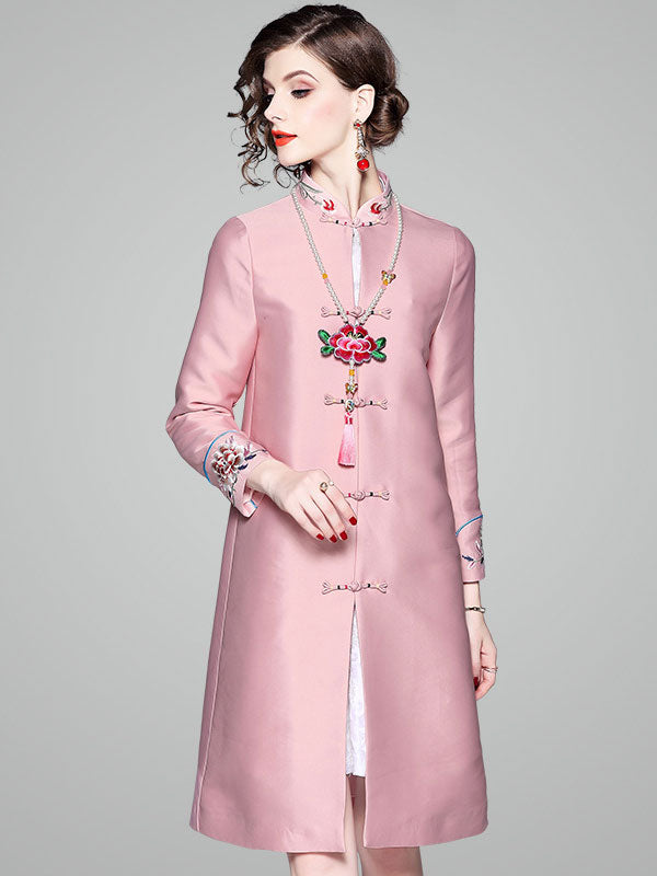Pink Embroidered Women Qi Pao Cheongsam Tang Coat