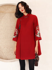 Burgundy Embroidered Wool Blend Women Qipao Tang Coat